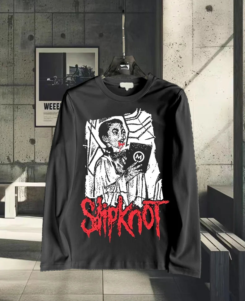 Unisex White Metal Band Print Long-Sleeve Tee