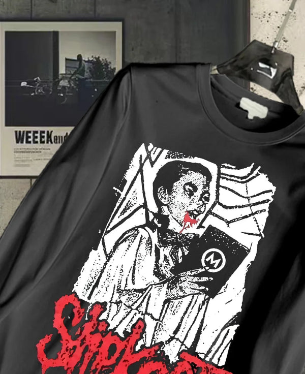 Unisex White Metal Band Print Long-Sleeve Tee