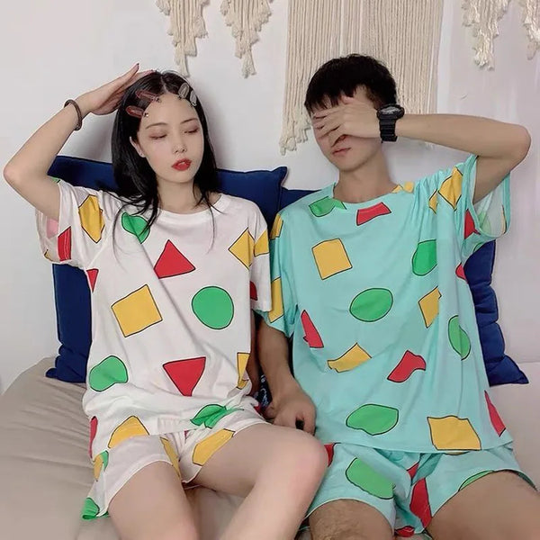Sin Chan Couple Pajama Set – Cotton Summer Short Sleeve Sleepwear