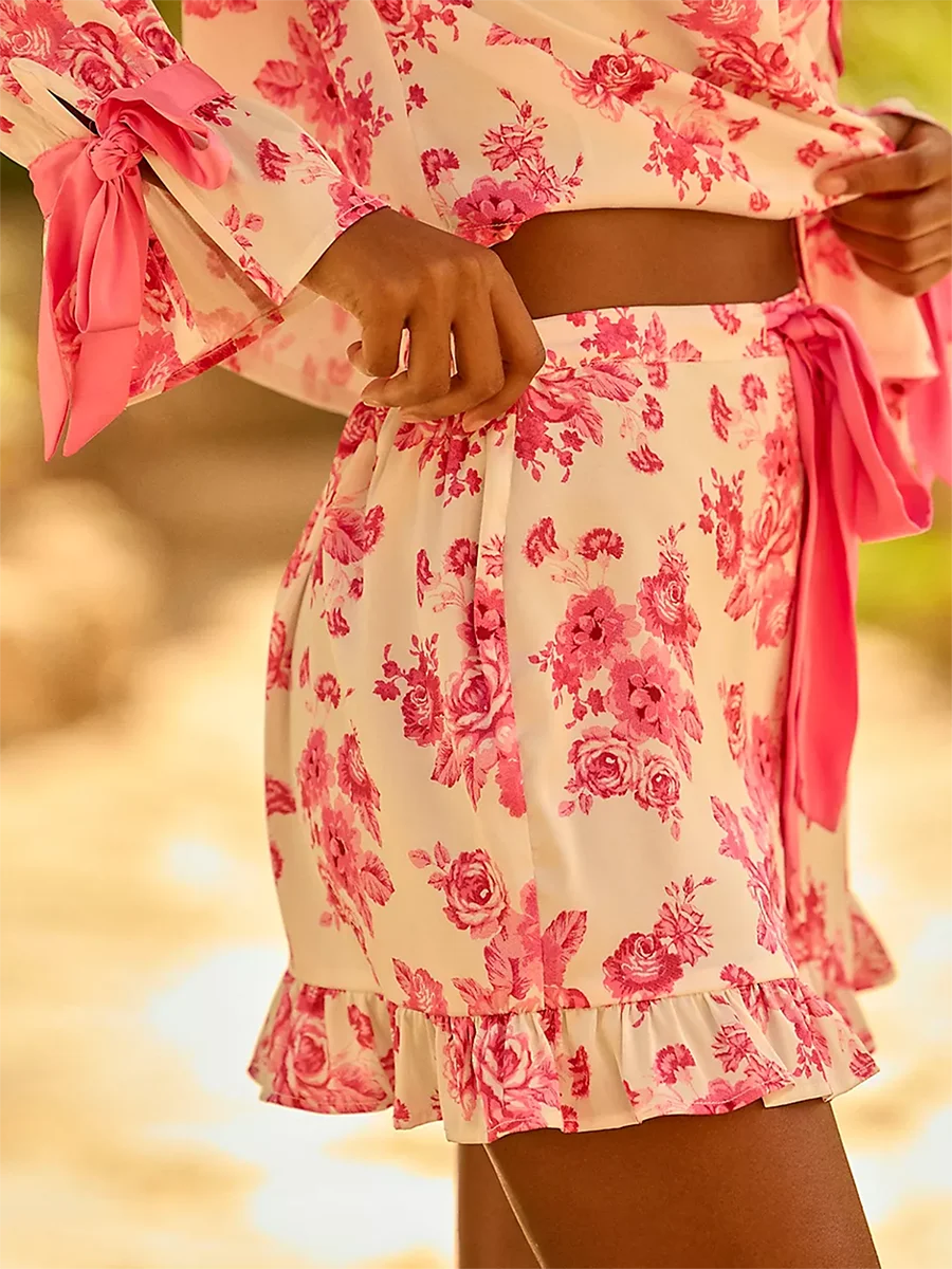 Women’s Floral Pajama Set – Long Sleeve Shirt & Shorts