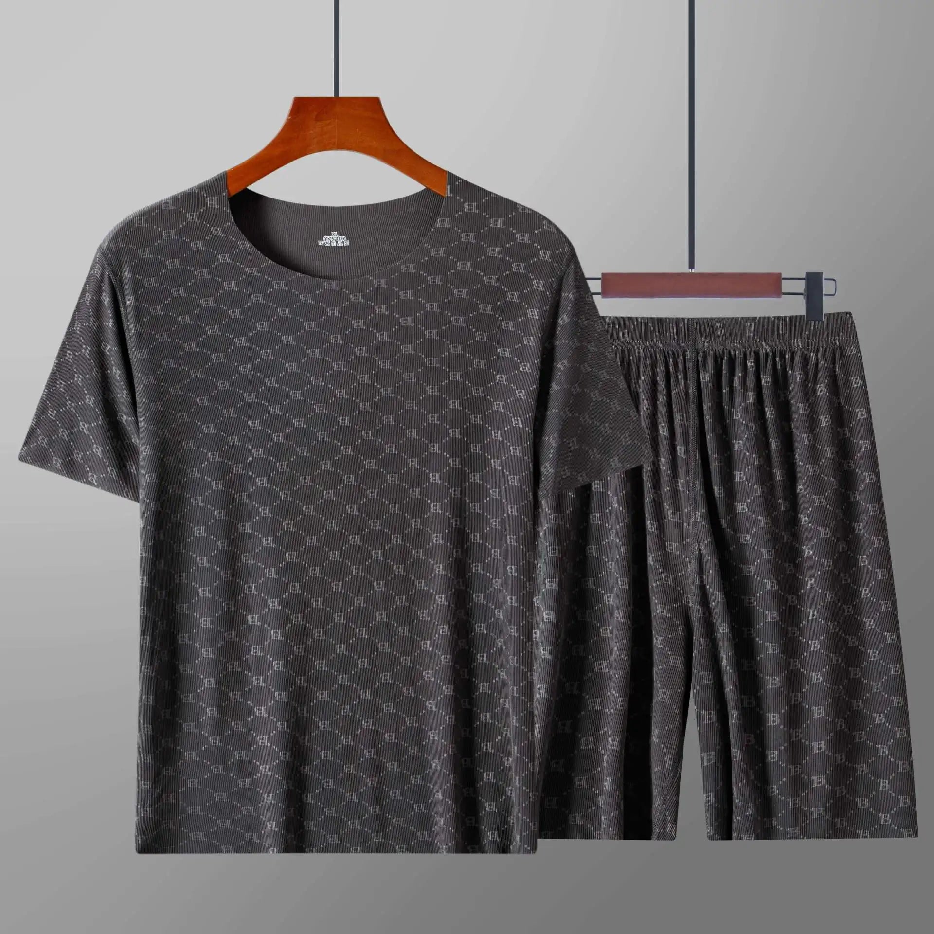 Men’s Summer Ice Silk Pajama Set – Printed Short Sleeve & Pants