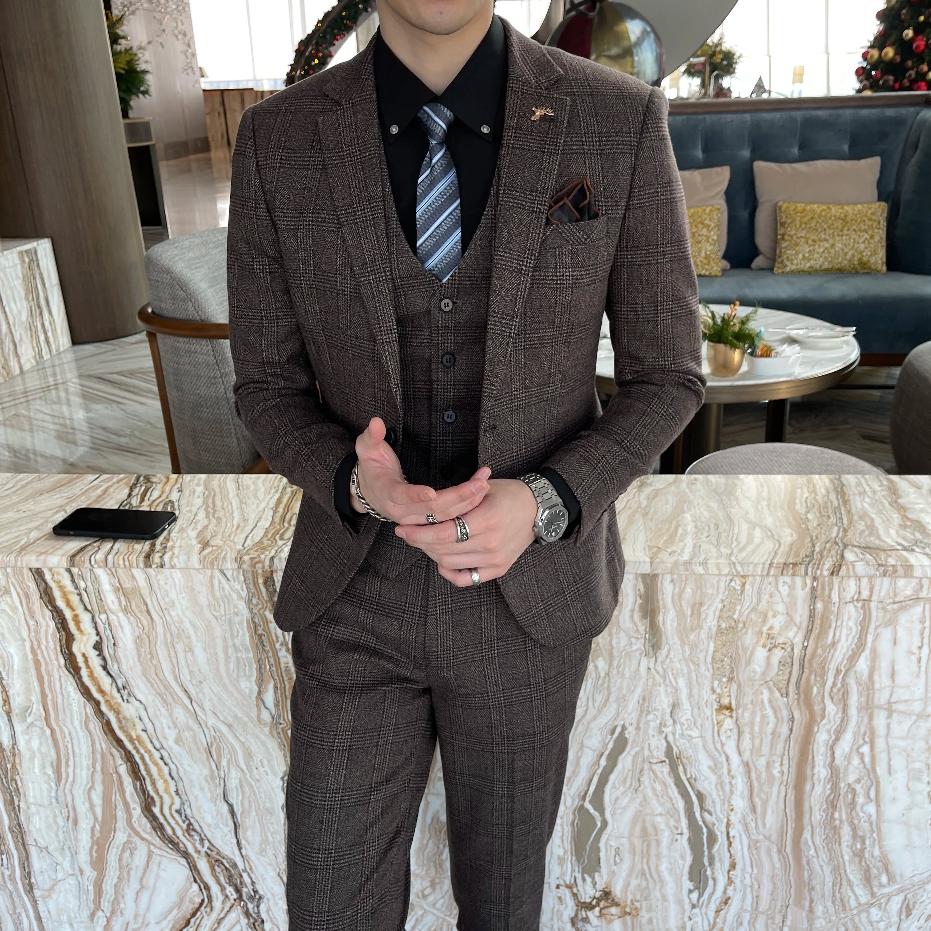 Men’s Korean Plaid 3-Piece Suit – Blazer, Vest & Trousers Set