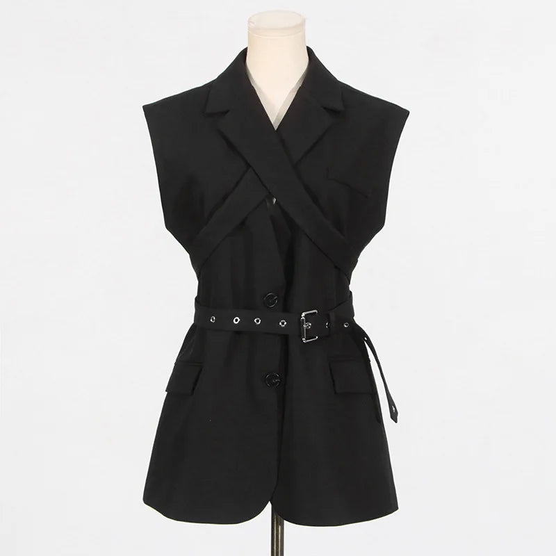 HKSH 2025 Spring Autumn New Women Tide Dark Niche Elegant Temperament Sleeveless Belt Lapel Blazer Chic Ins Y2K Waistcoat HK4714