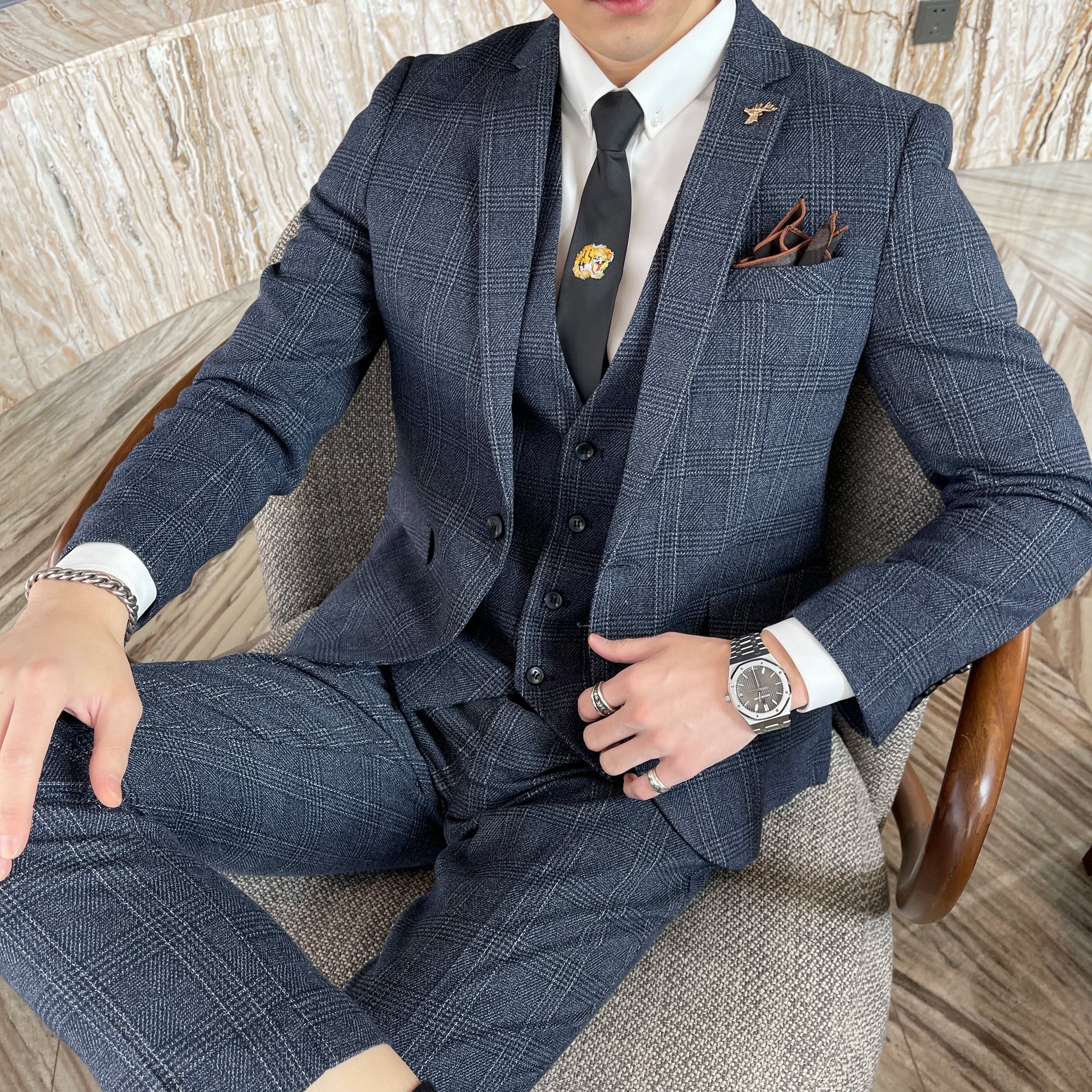 Men’s Korean Plaid 3-Piece Suit – Blazer, Vest & Trousers Set