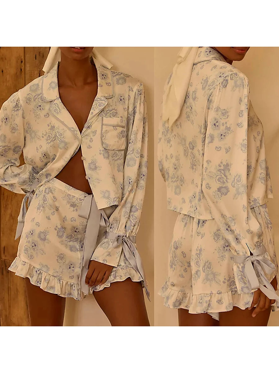 Women’s Floral Pajama Set – Long Sleeve Shirt & Shorts