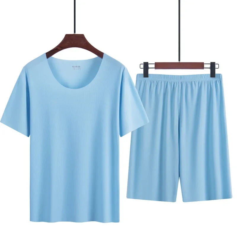 Men’s Ice Silk Pajama Set – Plus Size Short Sleeve Summer Loungewear