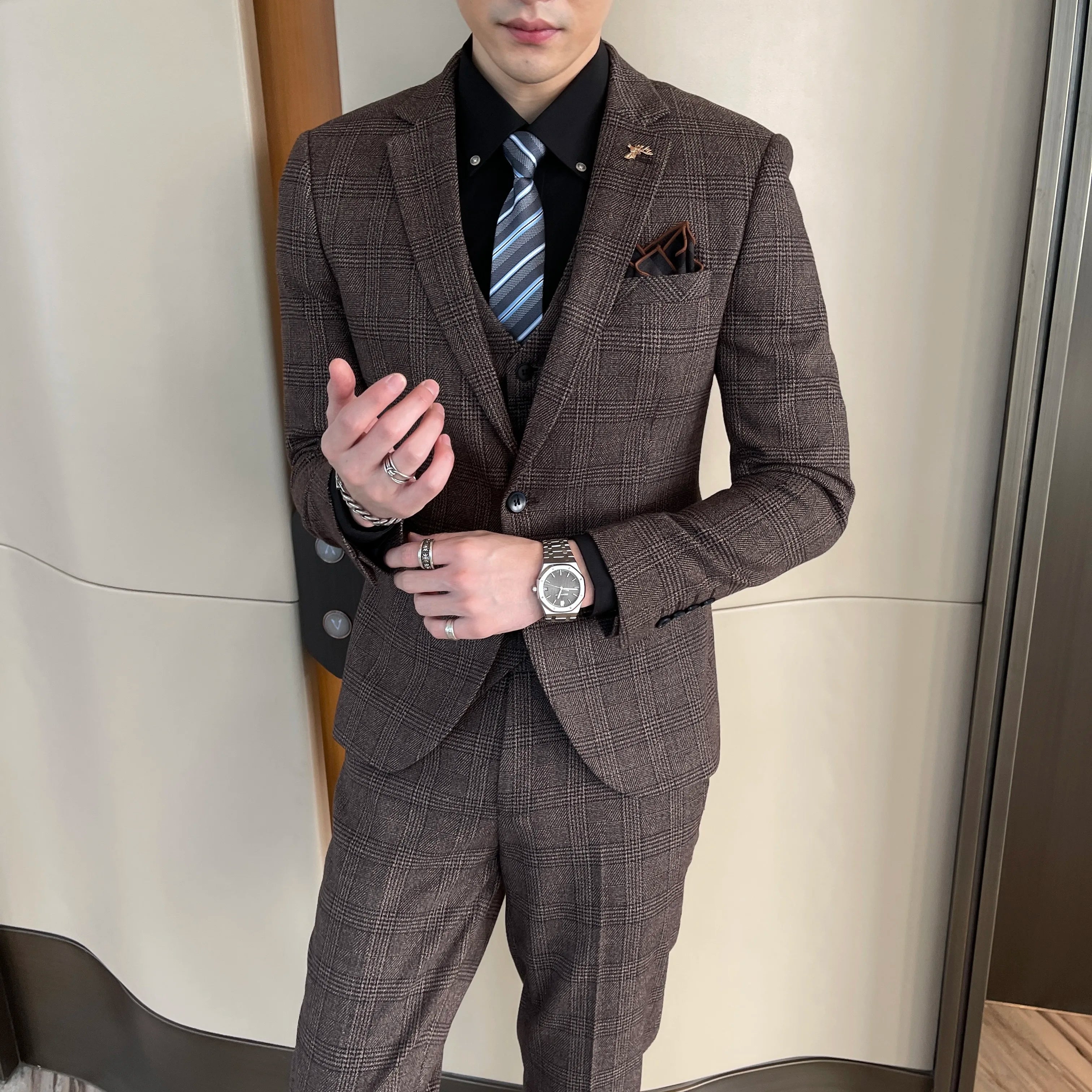 Men’s Korean Plaid 3-Piece Suit – Blazer, Vest & Trousers Set
