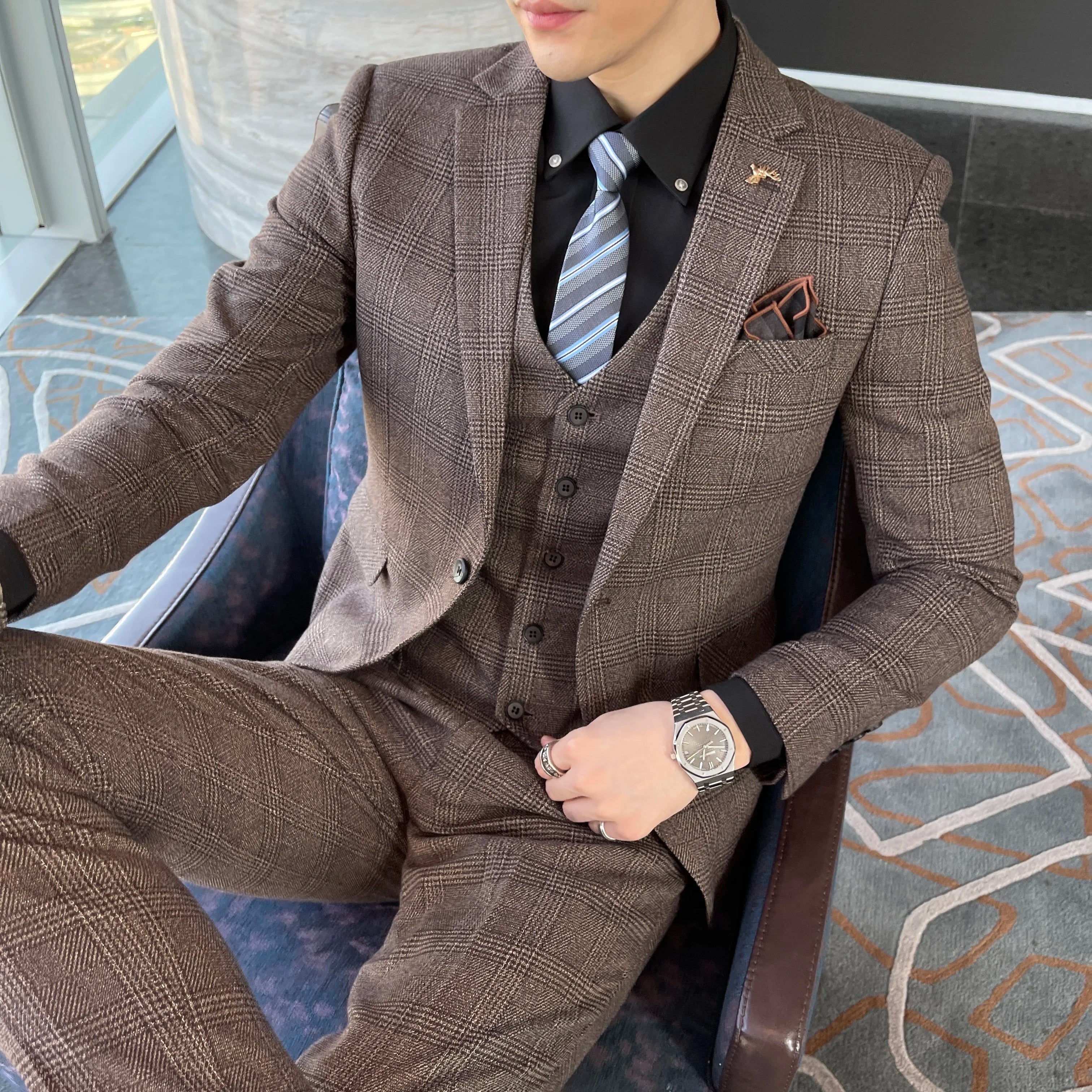 Men’s Korean Plaid 3-Piece Suit – Blazer, Vest & Trousers Set