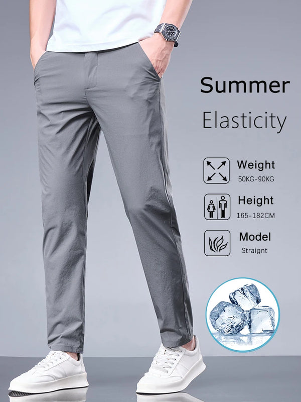 Men’s Ice Silk Summer Pants – Elastic Waist Straight Trousers