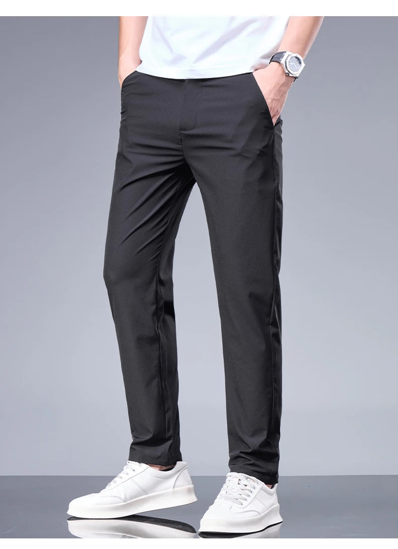 Men’s Ice Silk Summer Pants – Elastic Waist Straight Trousers