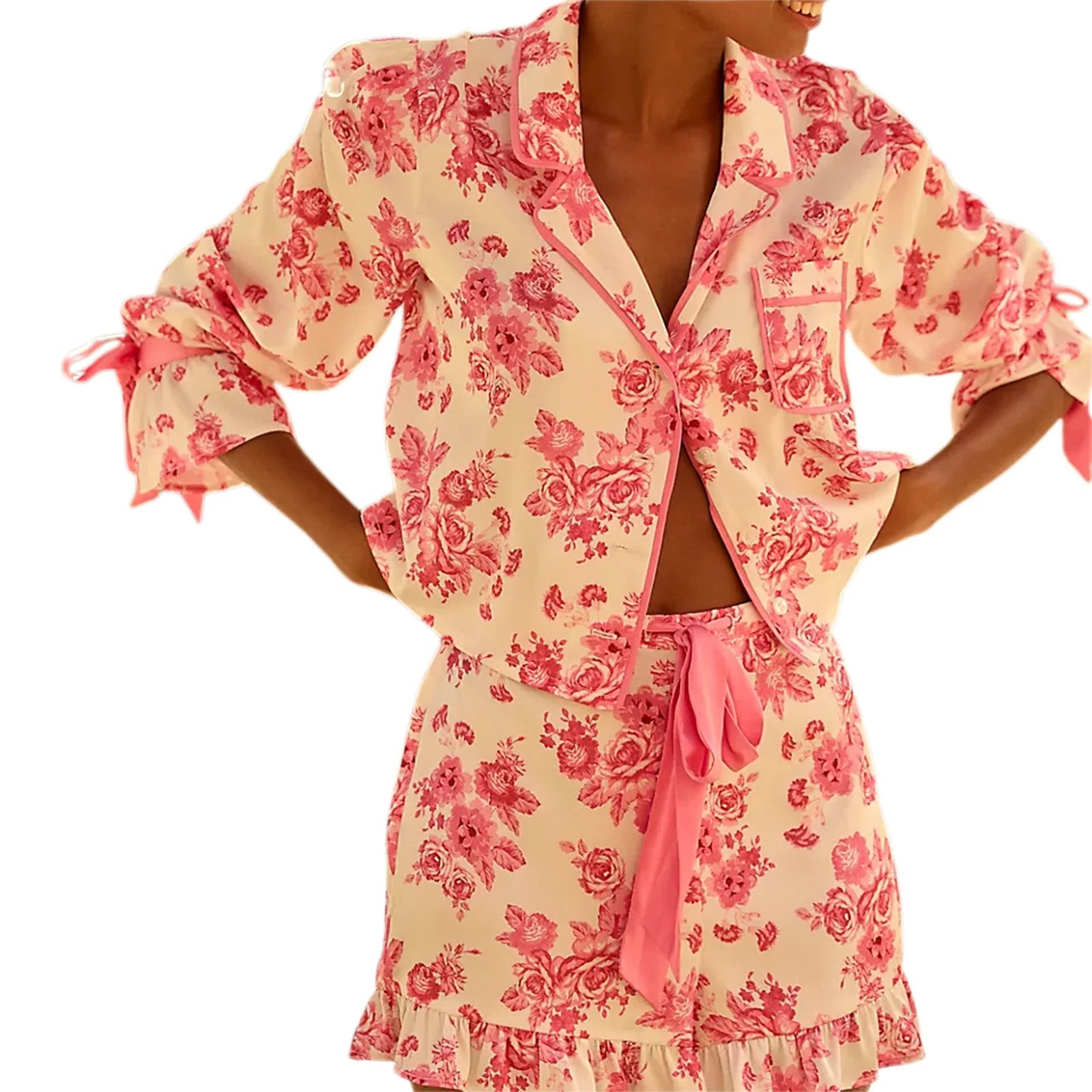 Women’s Floral Pajama Set – Long Sleeve Shirt & Shorts