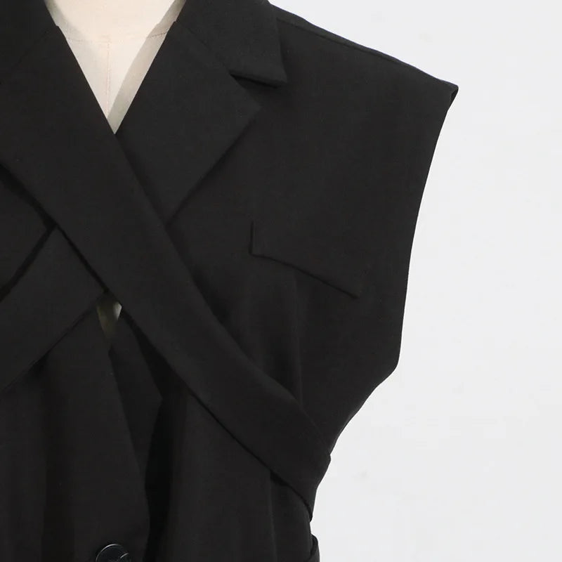 HKSH 2025 Spring Autumn New Women Tide Dark Niche Elegant Temperament Sleeveless Belt Lapel Blazer Chic Ins Y2K Waistcoat HK4714