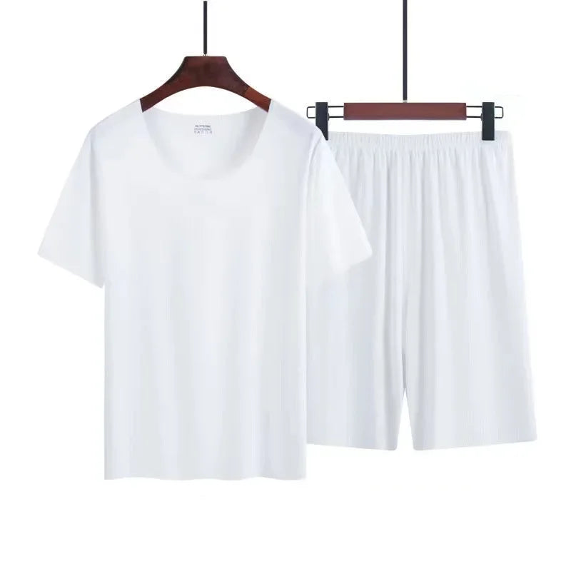 Men’s Ice Silk Pajama Set – Plus Size Short Sleeve Summer Loungewear