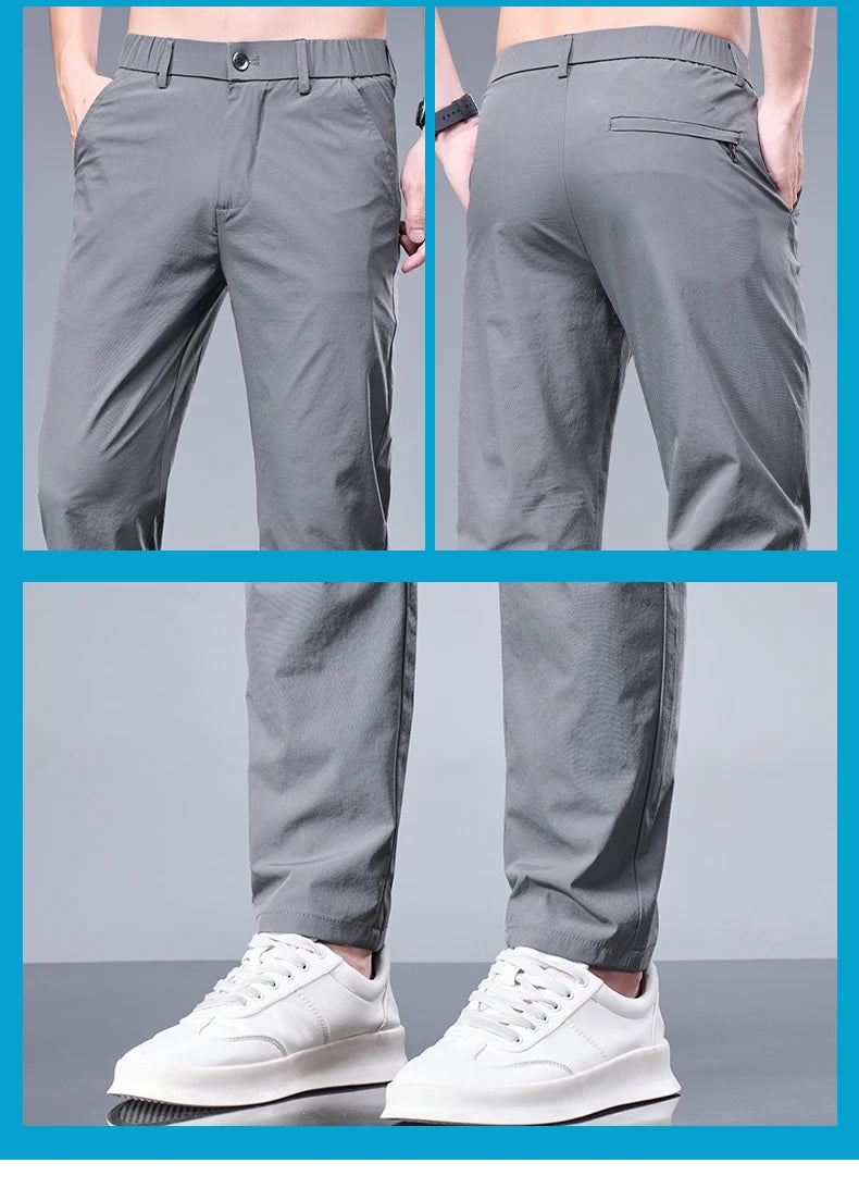 Men’s Ice Silk Summer Pants – Elastic Waist Straight Trousers