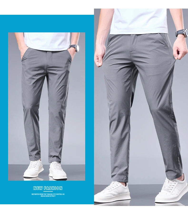 Men’s Ice Silk Summer Pants – Elastic Waist Straight Trousers