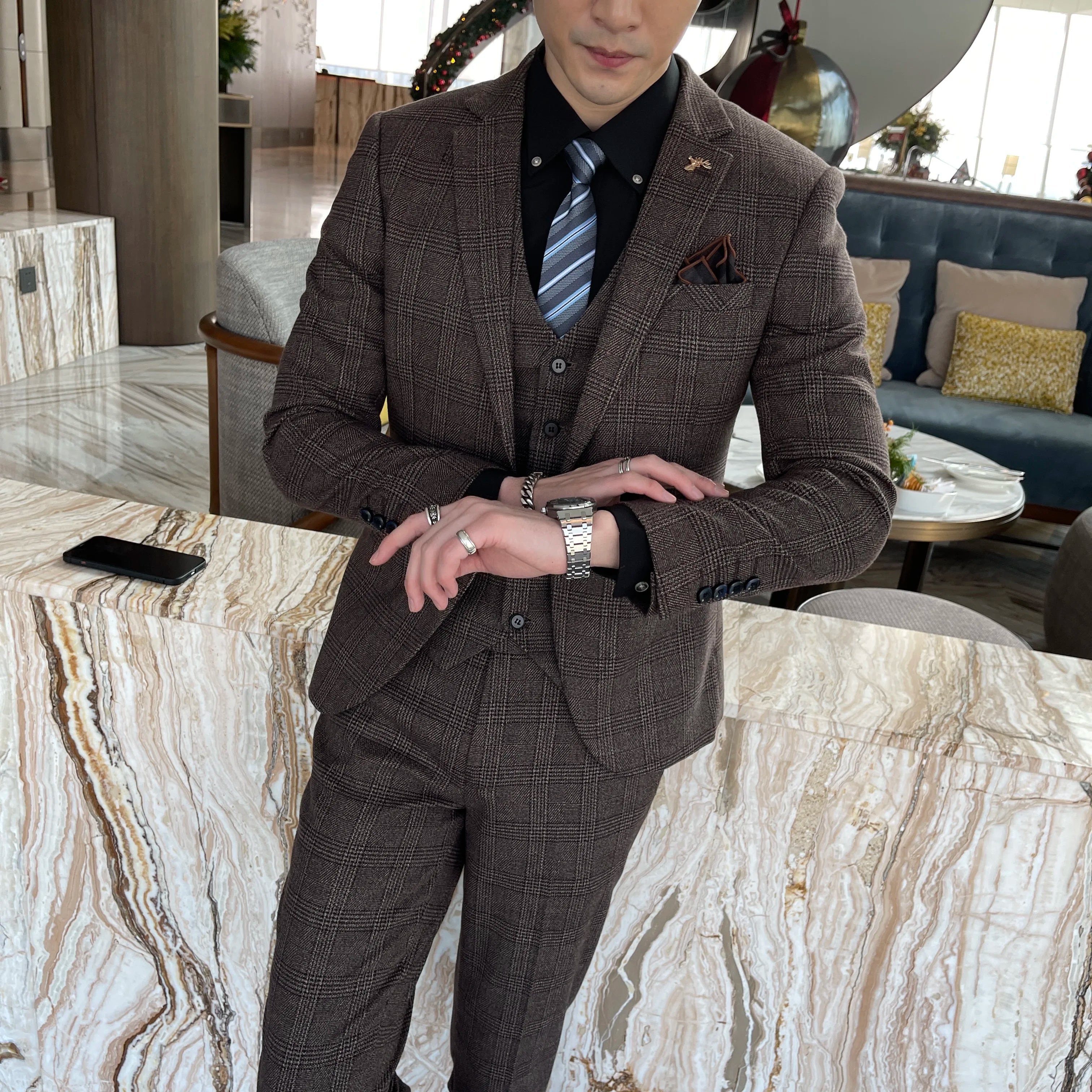 Men’s Korean Plaid 3-Piece Suit – Blazer, Vest & Trousers Set
