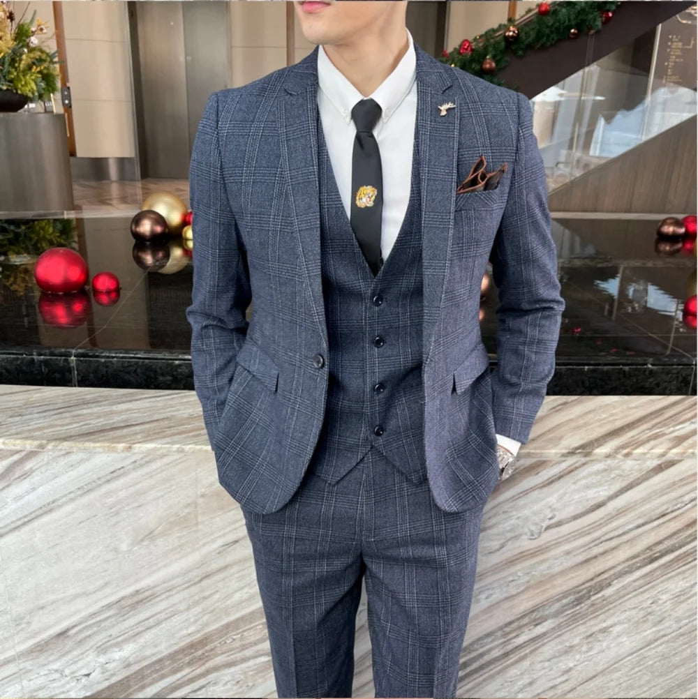 Men’s Korean Plaid 3-Piece Suit – Blazer, Vest & Trousers Set