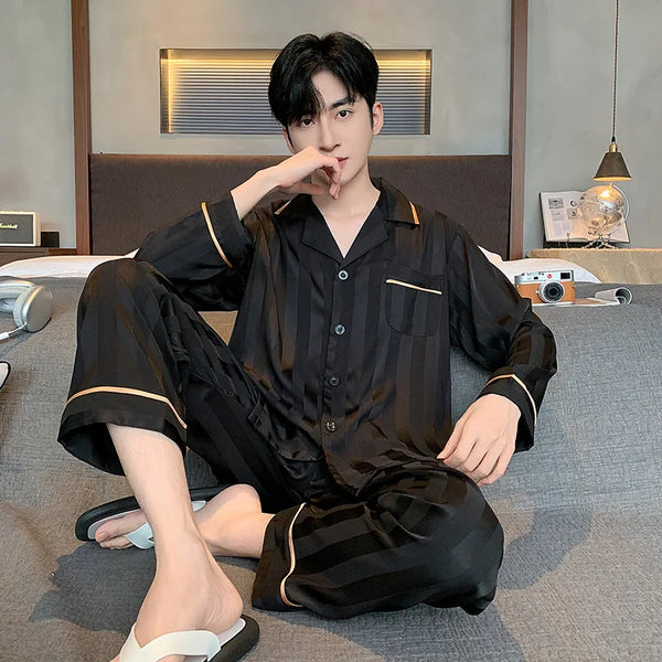 Men’s Ice Silk Pajama Set – V-Neck Striped Satin Sleepwear