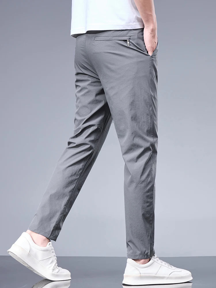 Men’s Ice Silk Summer Pants – Elastic Waist Straight Trousers