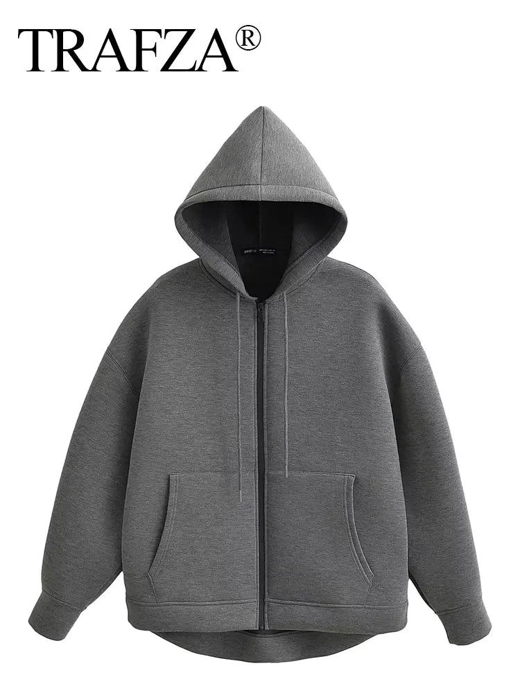 TRAFZA Autumn Women Gray Jacket With Hood Long Sleeve Big Pocket Zipper Jacket Coat Woman Loose Casual Outerwear Coat Tops