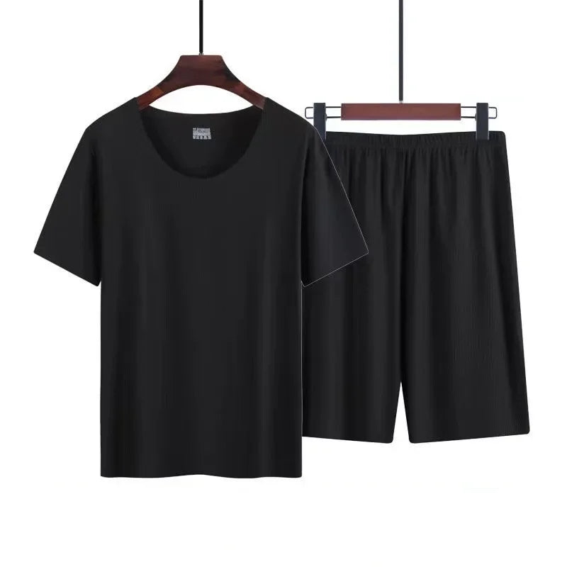 Men’s Ice Silk Pajama Set – Plus Size Short Sleeve Summer Loungewear