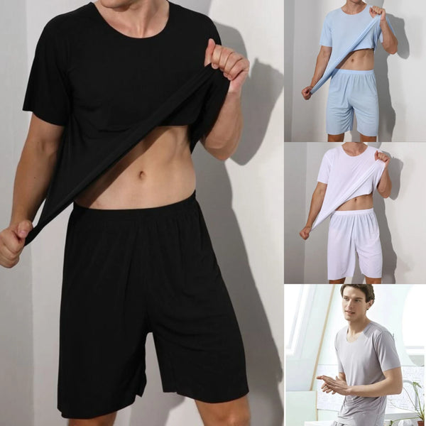 Men’s Ice Silk Pajama Set – Plus Size Short Sleeve Summer Loungewear