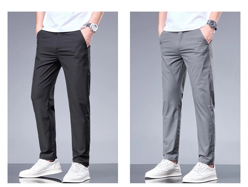 Men’s Ice Silk Summer Pants – Elastic Waist Straight Trousers