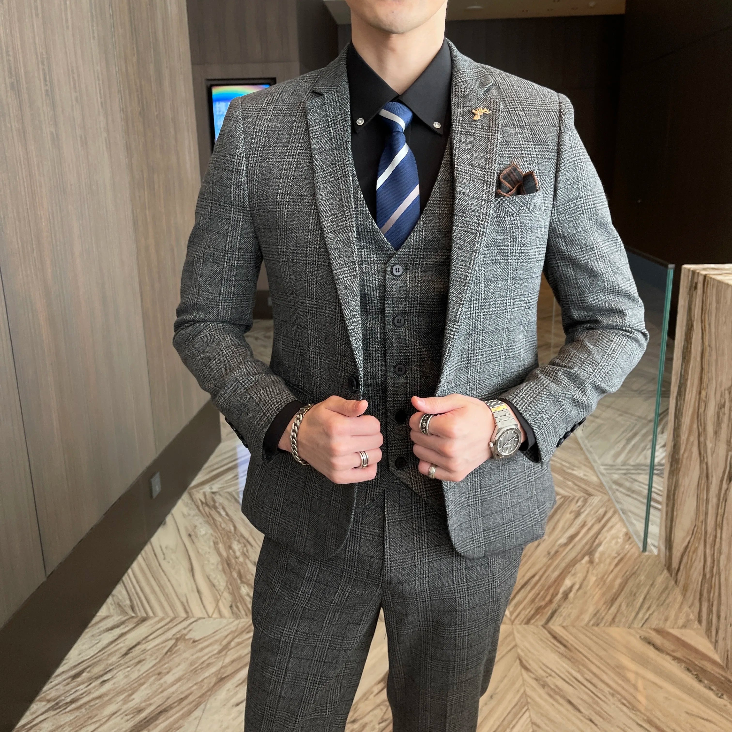 Men’s Korean Plaid 3-Piece Suit – Blazer, Vest & Trousers Set