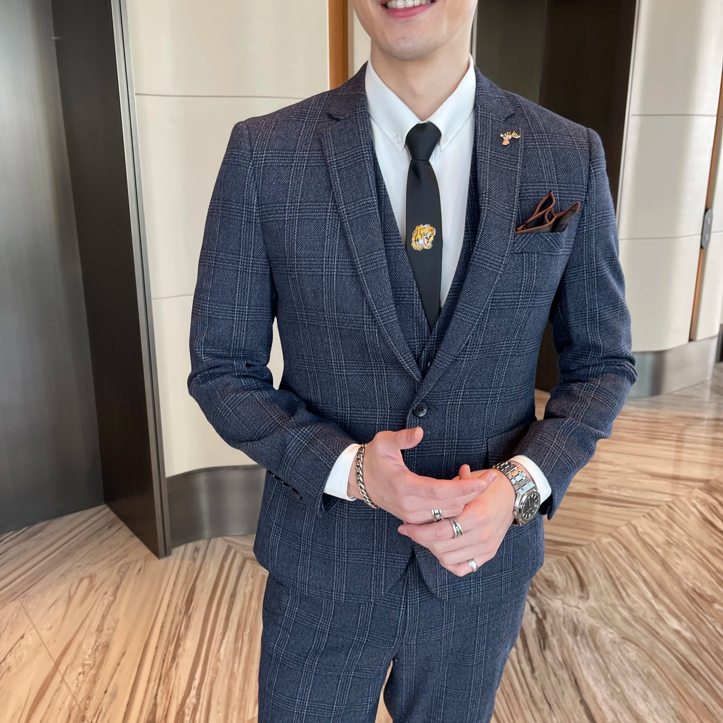 Men’s Korean Plaid 3-Piece Suit – Blazer, Vest & Trousers Set