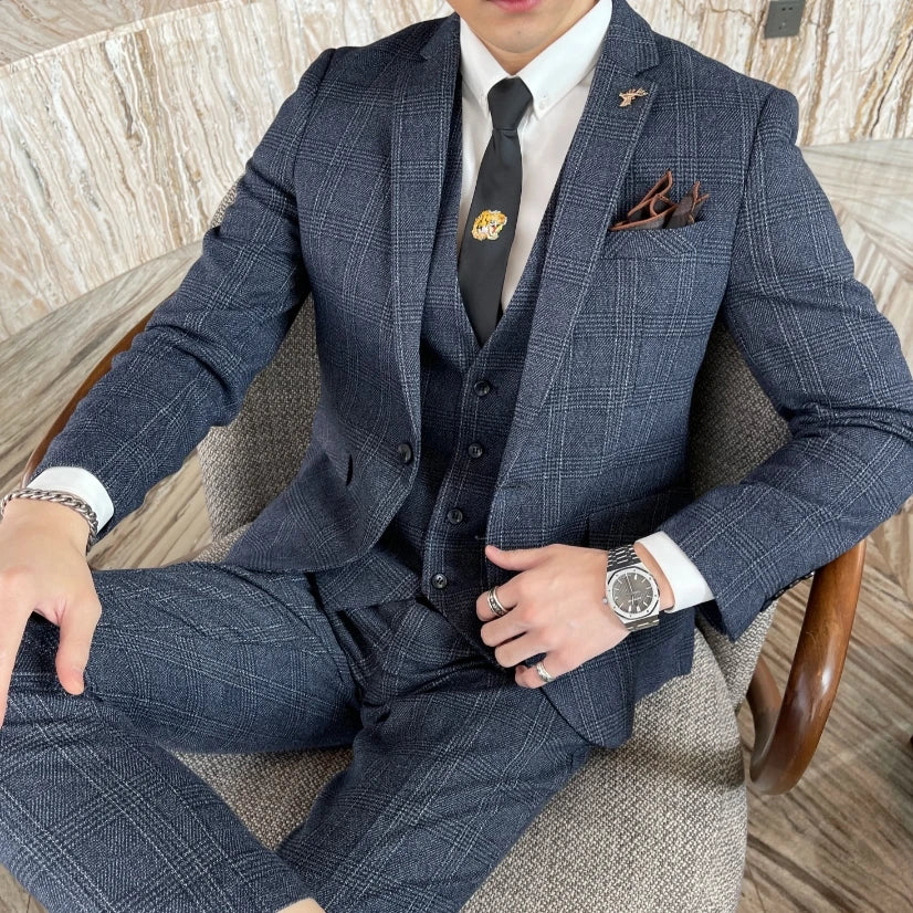 Men’s Korean Plaid 3-Piece Suit – Blazer, Vest & Trousers Set