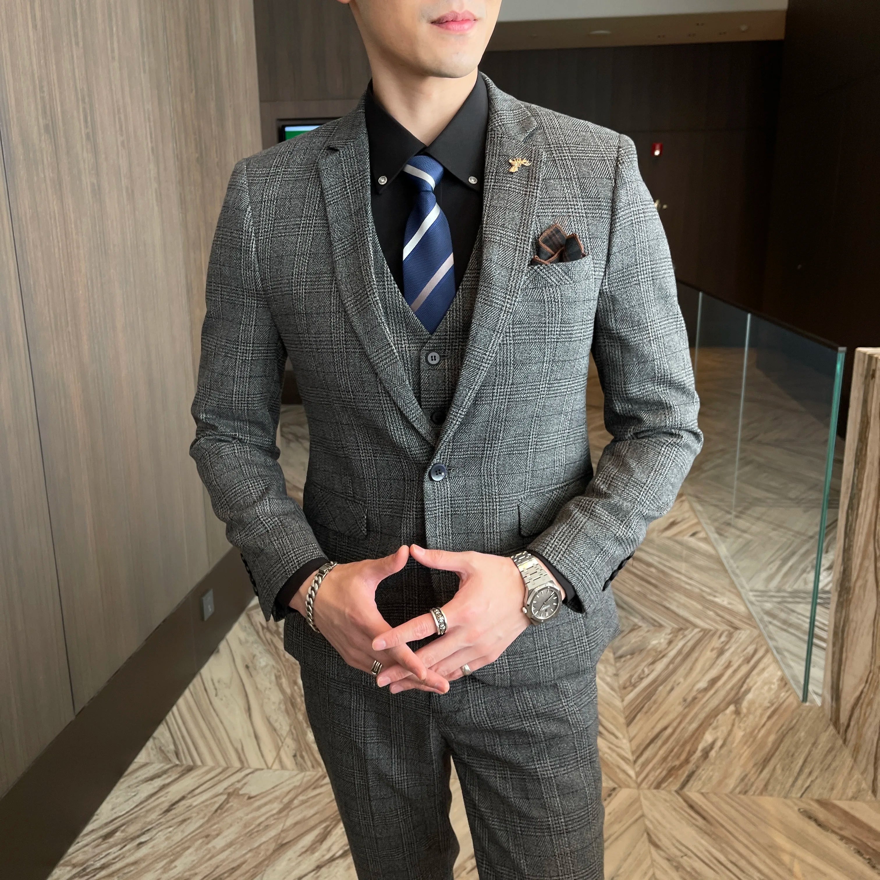 Men’s Korean Plaid 3-Piece Suit – Blazer, Vest & Trousers Set