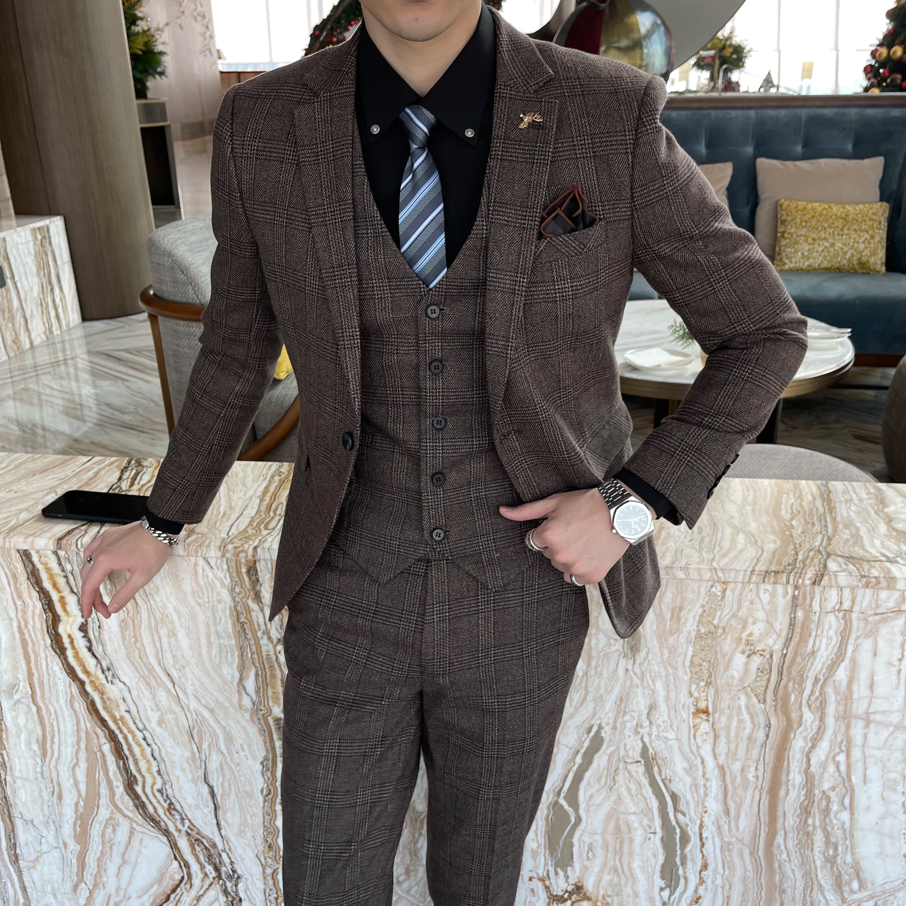 Men’s Korean Plaid 3-Piece Suit – Blazer, Vest & Trousers Set