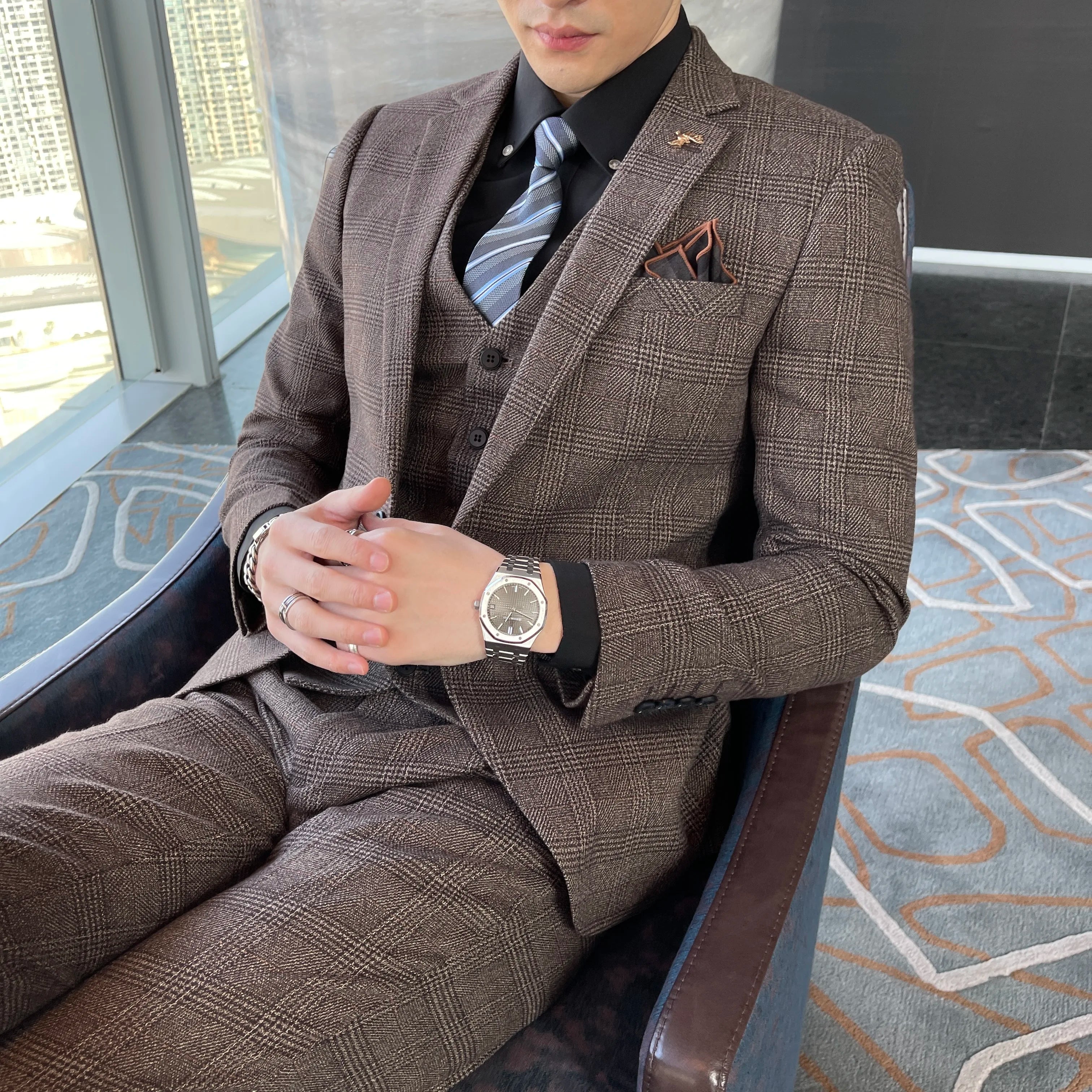 Men’s Korean Plaid 3-Piece Suit – Blazer, Vest & Trousers Set