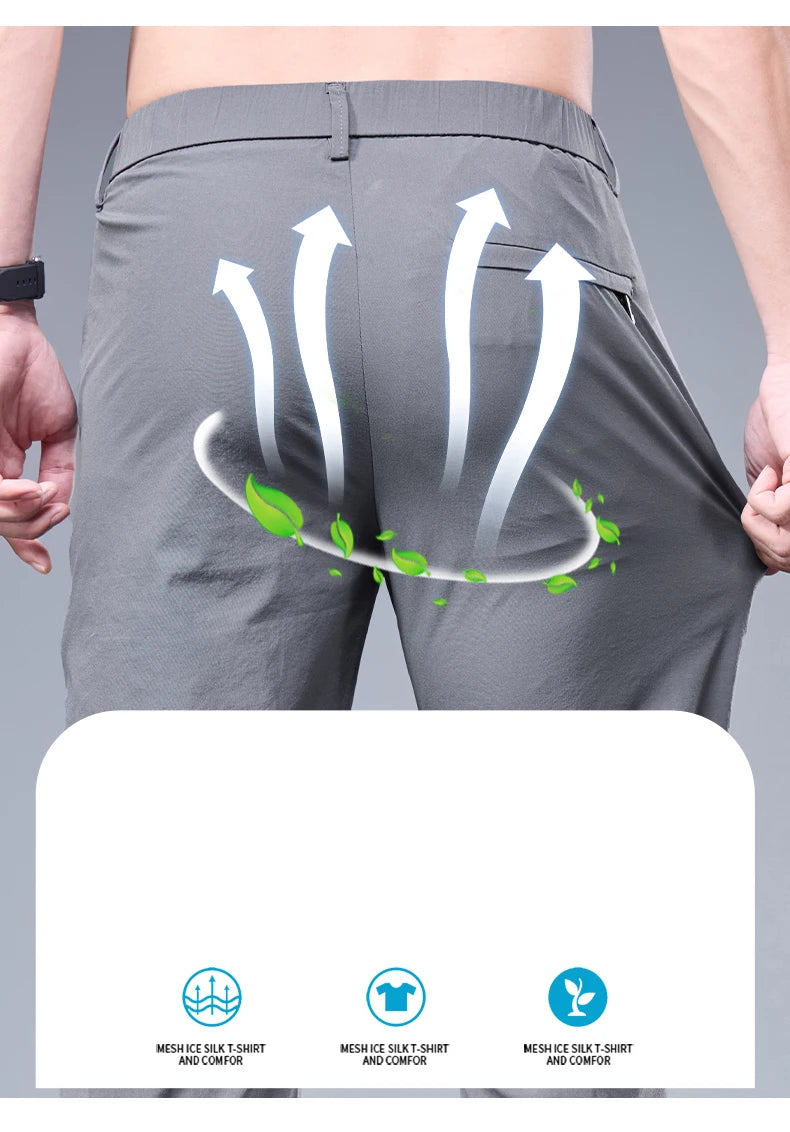Men’s Ice Silk Summer Pants – Elastic Waist Straight Trousers