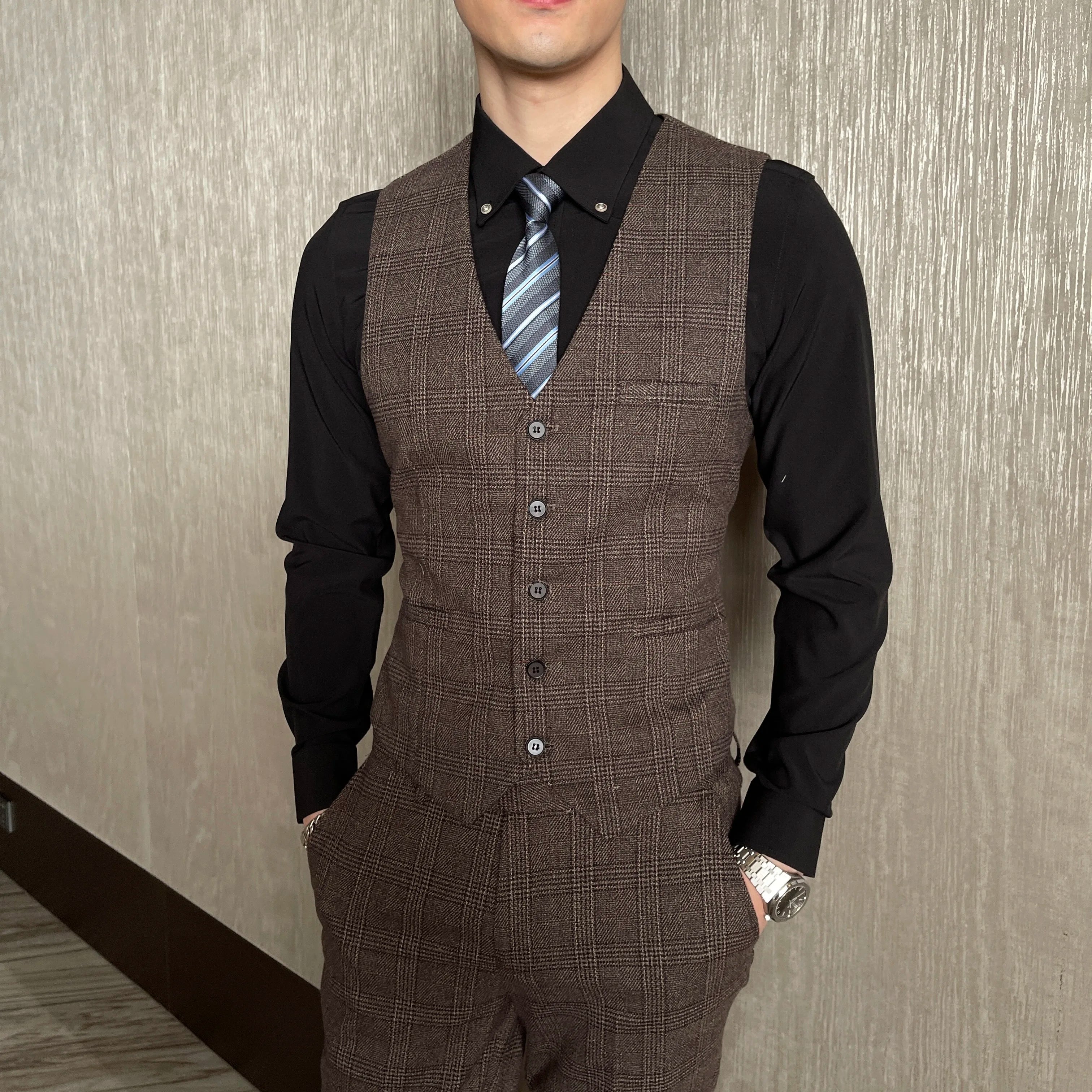 Men’s Korean Plaid 3-Piece Suit – Blazer, Vest & Trousers Set