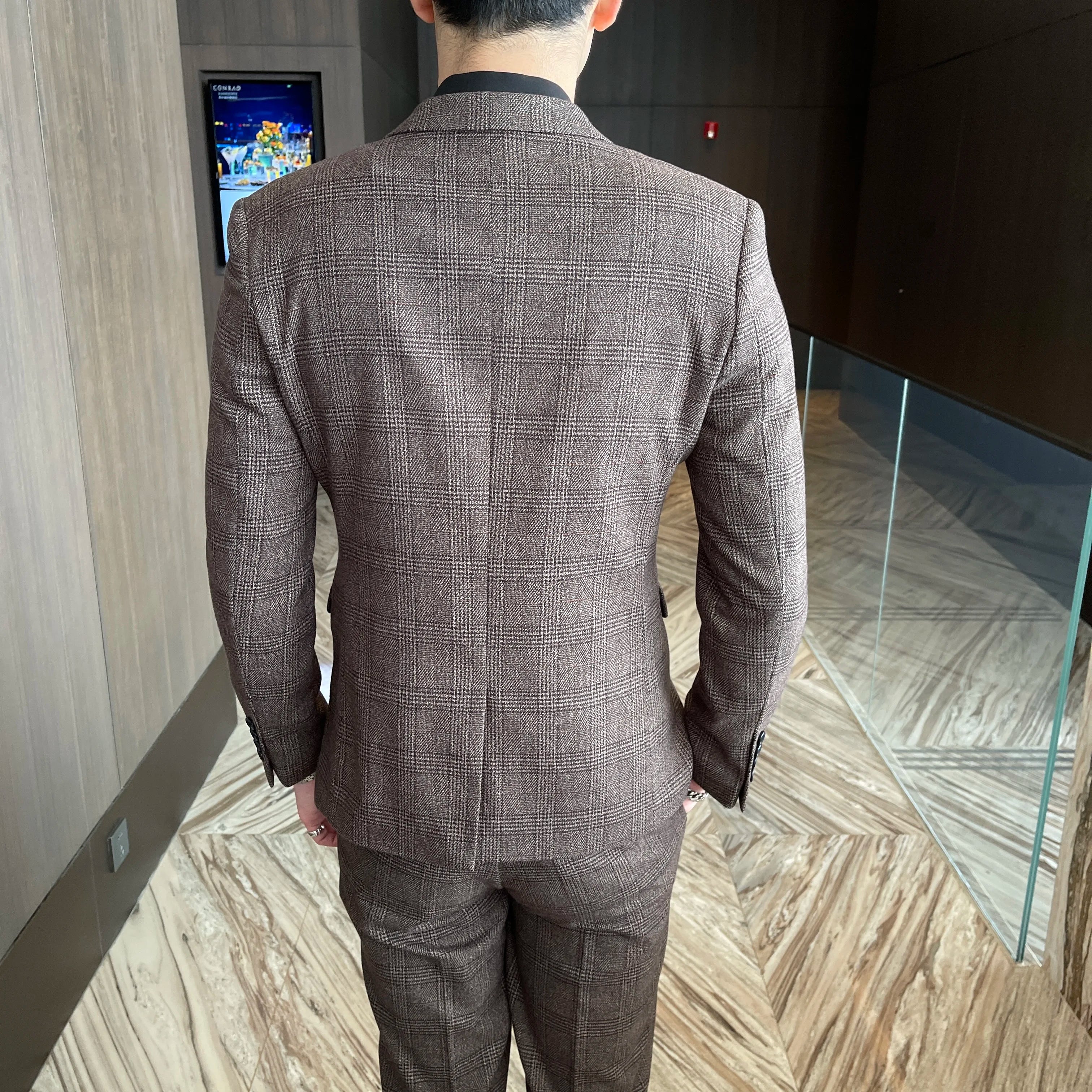 Men’s Korean Plaid 3-Piece Suit – Blazer, Vest & Trousers Set