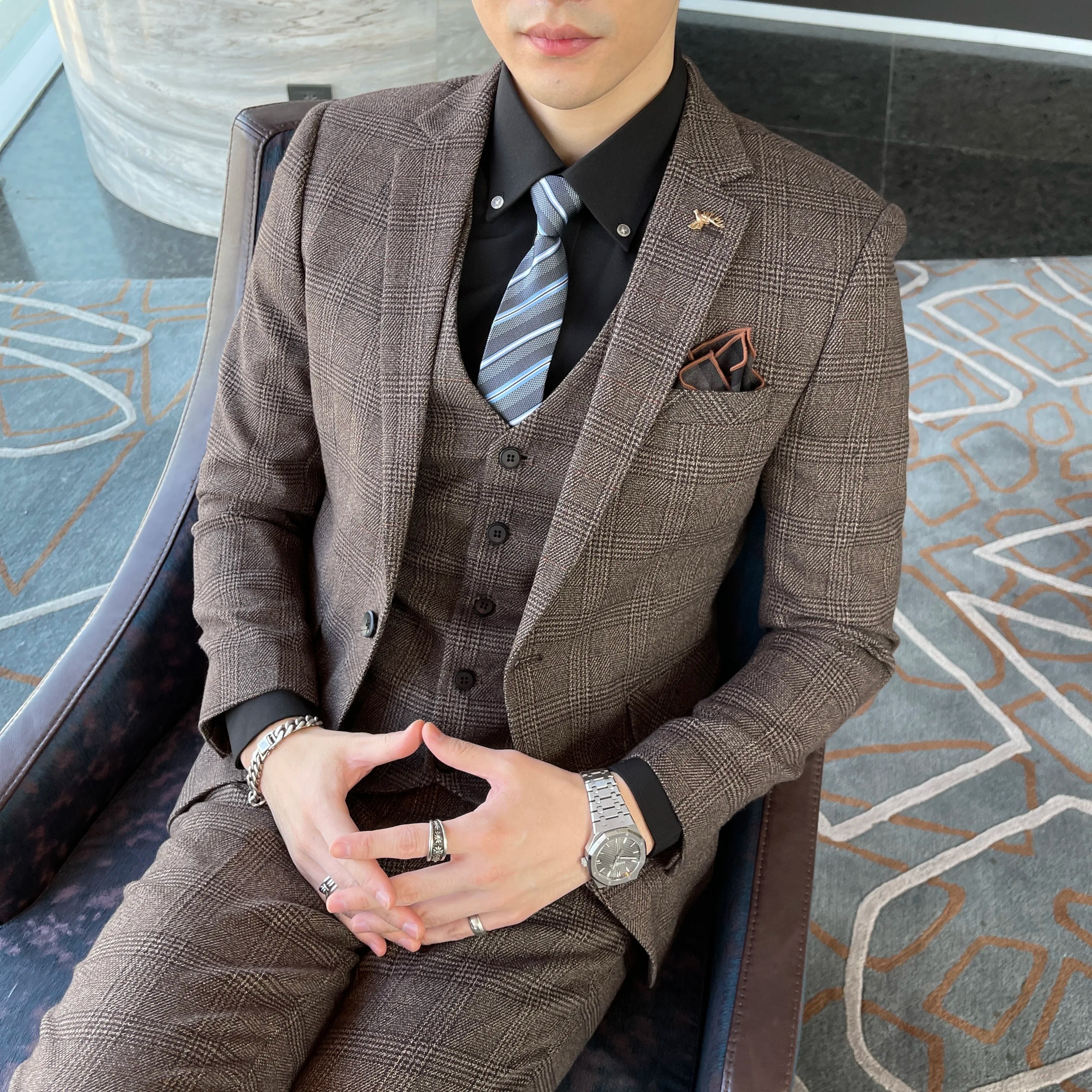 Men’s Korean Plaid 3-Piece Suit – Blazer, Vest & Trousers Set