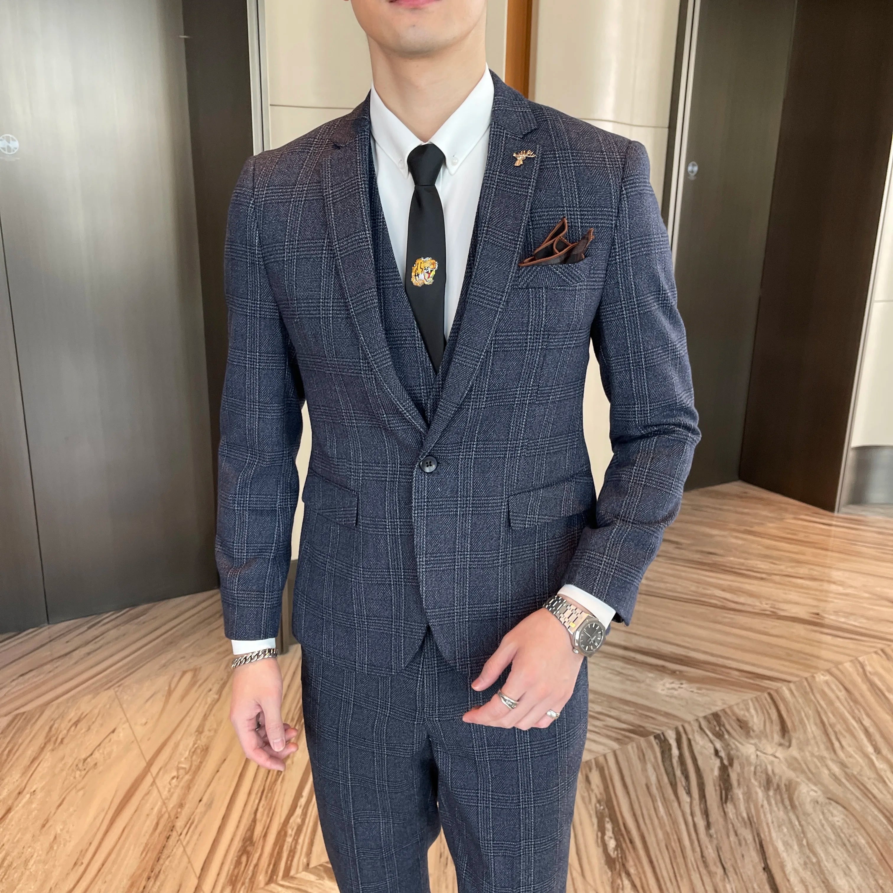 Men’s Korean Plaid 3-Piece Suit – Blazer, Vest & Trousers Set
