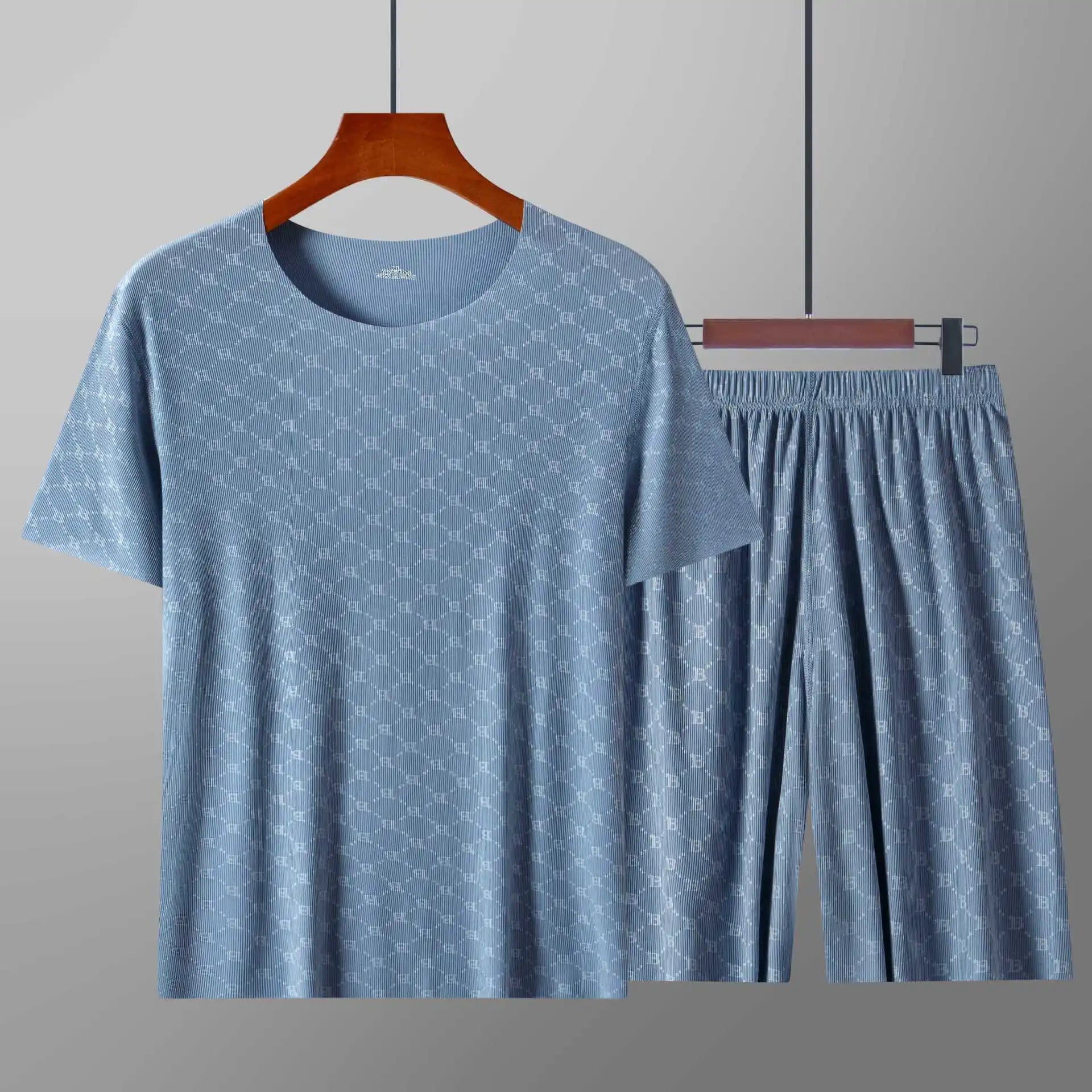 Men’s Summer Ice Silk Pajama Set – Printed Short Sleeve & Pants