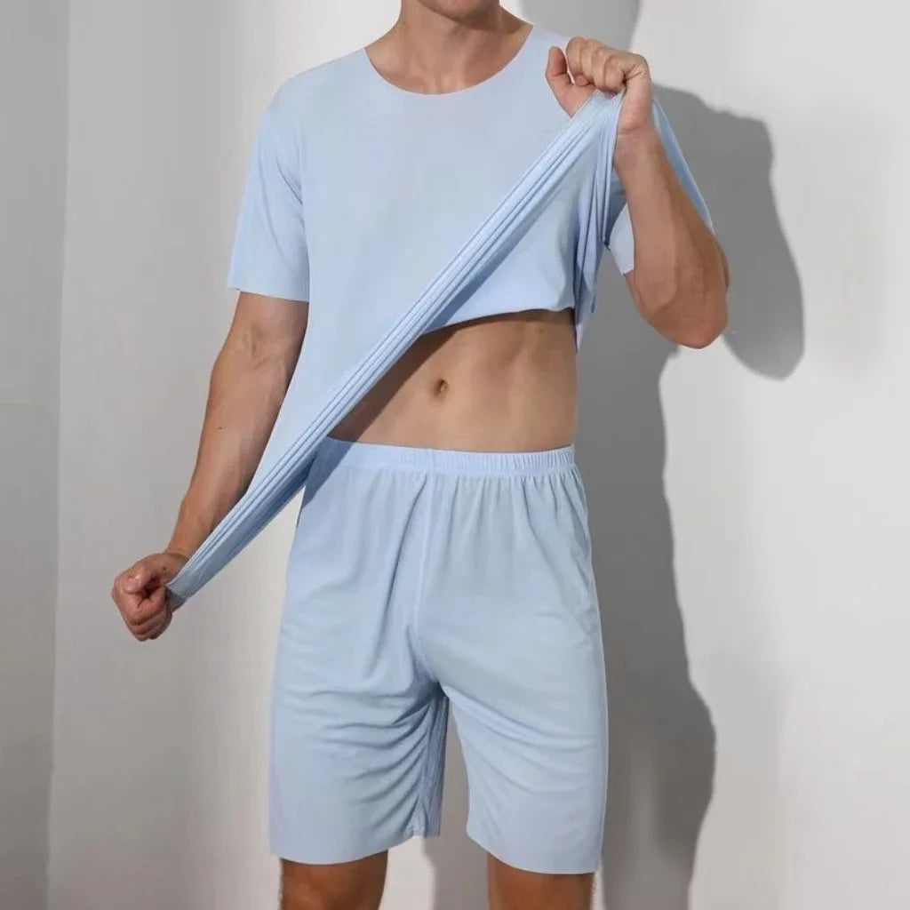 Men’s Ice Silk Pajama Set – Plus Size Short Sleeve Summer Loungewear