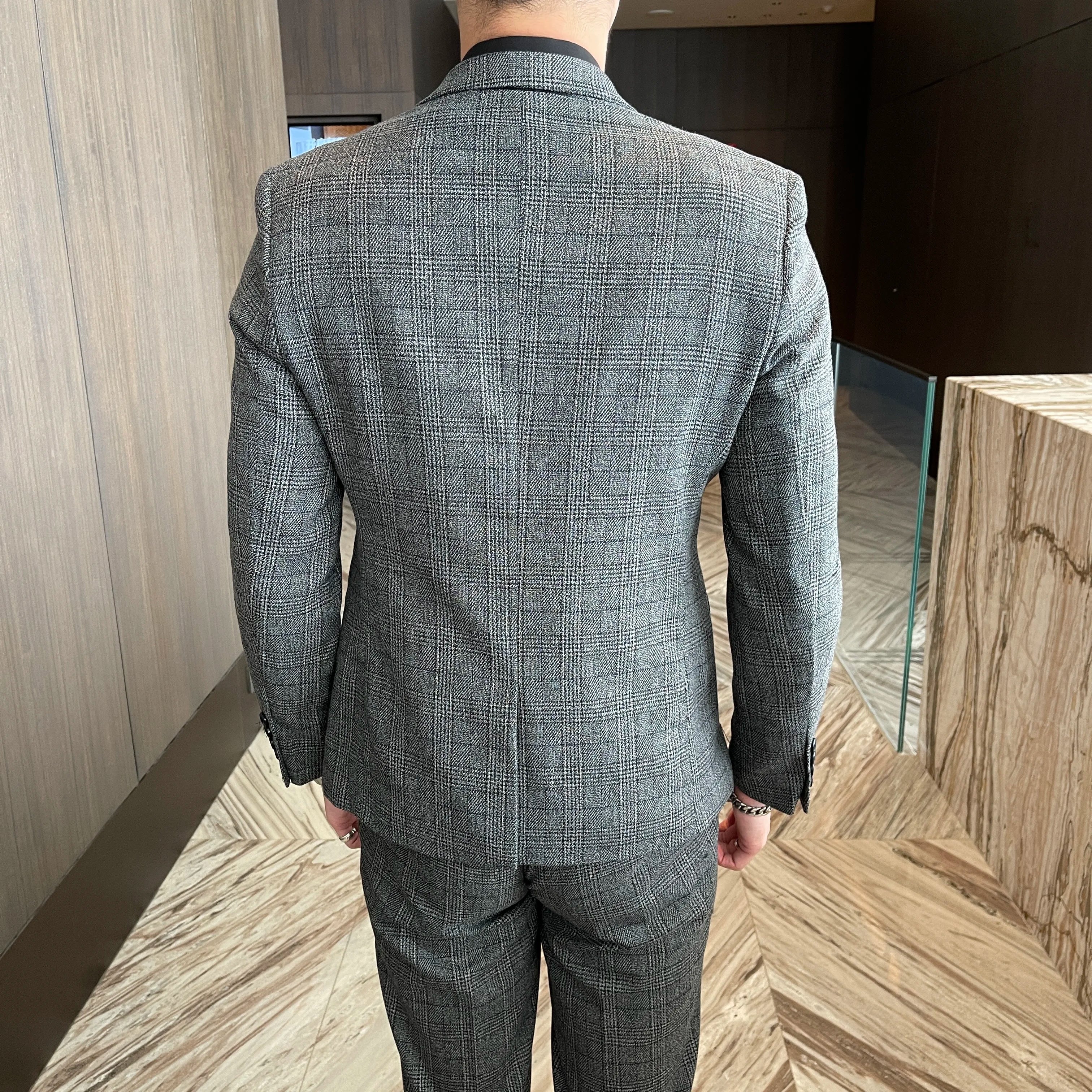 Men’s Korean Plaid 3-Piece Suit – Blazer, Vest & Trousers Set