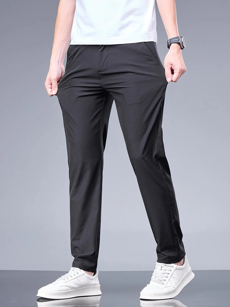 Men’s Ice Silk Summer Pants – Elastic Waist Straight Trousers