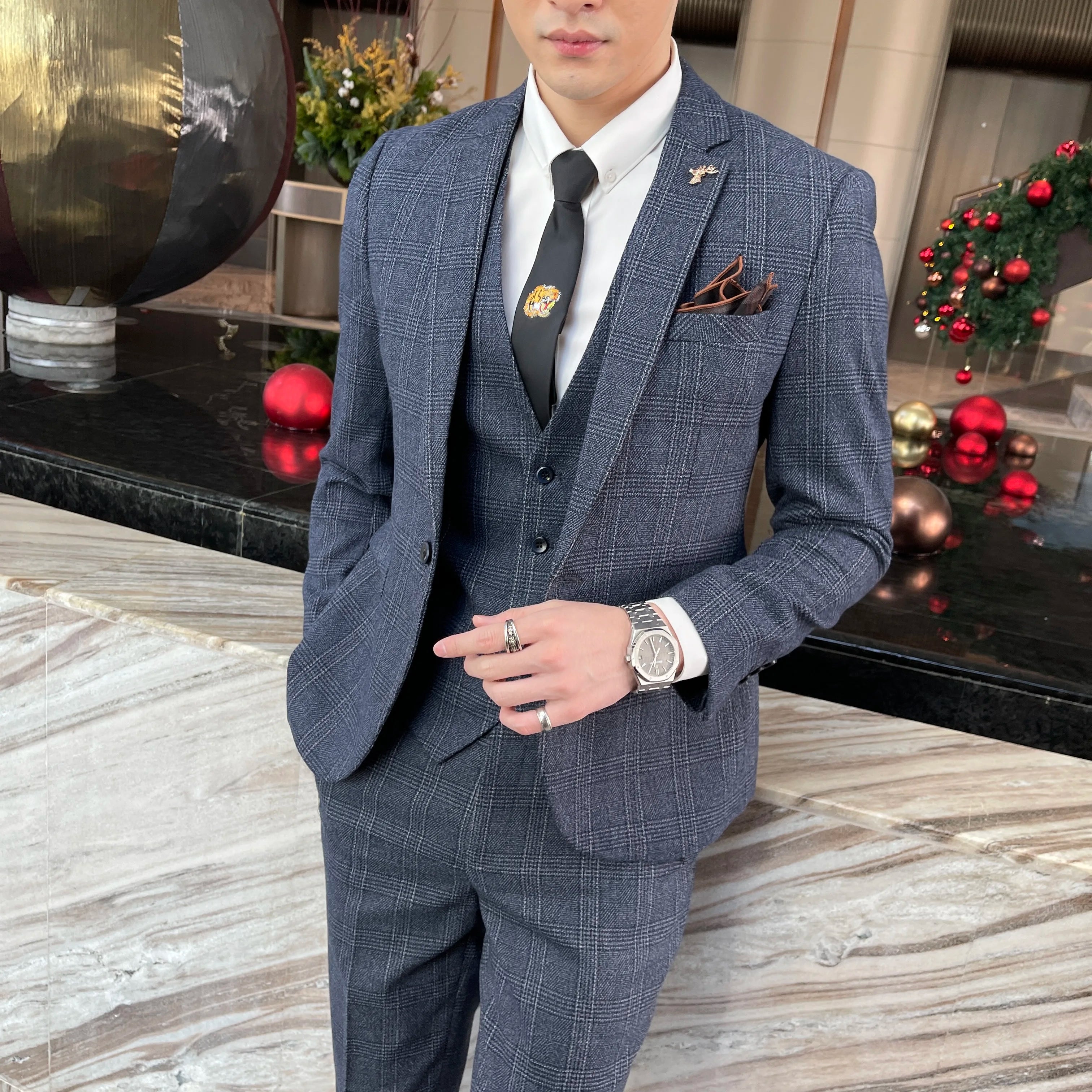 Men’s Korean Plaid 3-Piece Suit – Blazer, Vest & Trousers Set