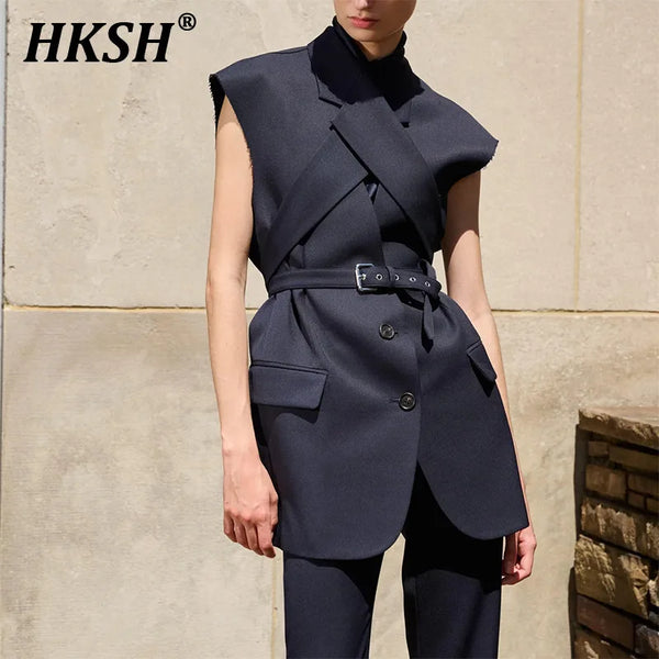 HKSH 2025 Spring Autumn New Women Tide Dark Niche Elegant Temperament Sleeveless Belt Lapel Blazer Chic Ins Y2K Waistcoat HK4714