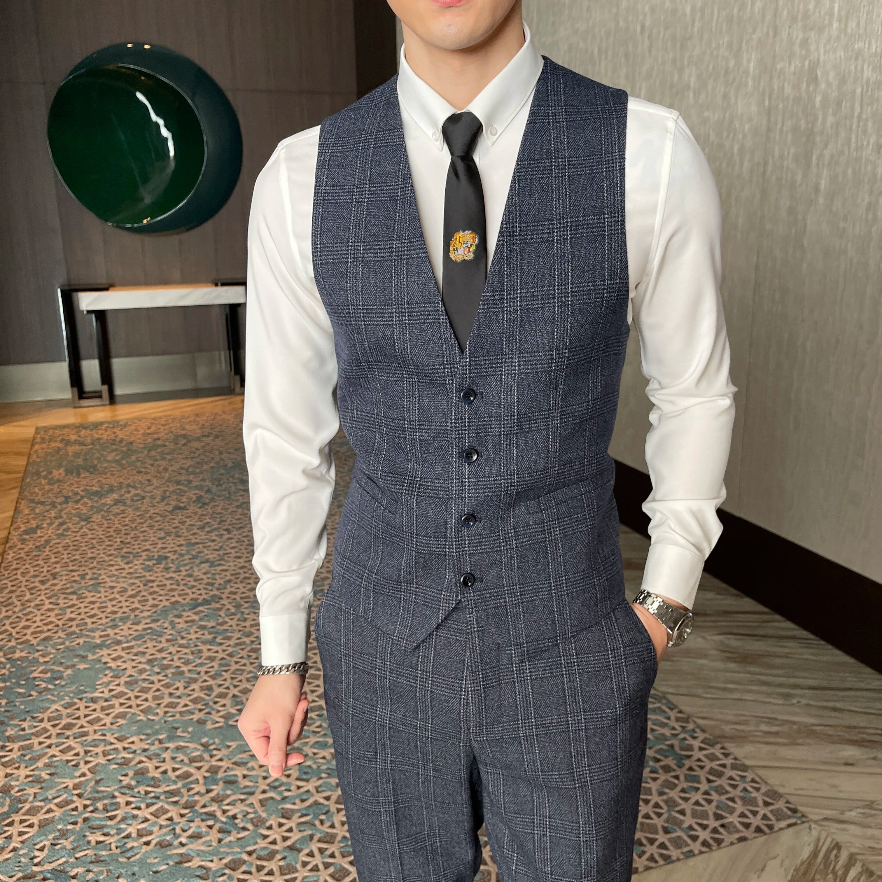 Men’s Korean Plaid 3-Piece Suit – Blazer, Vest & Trousers Set