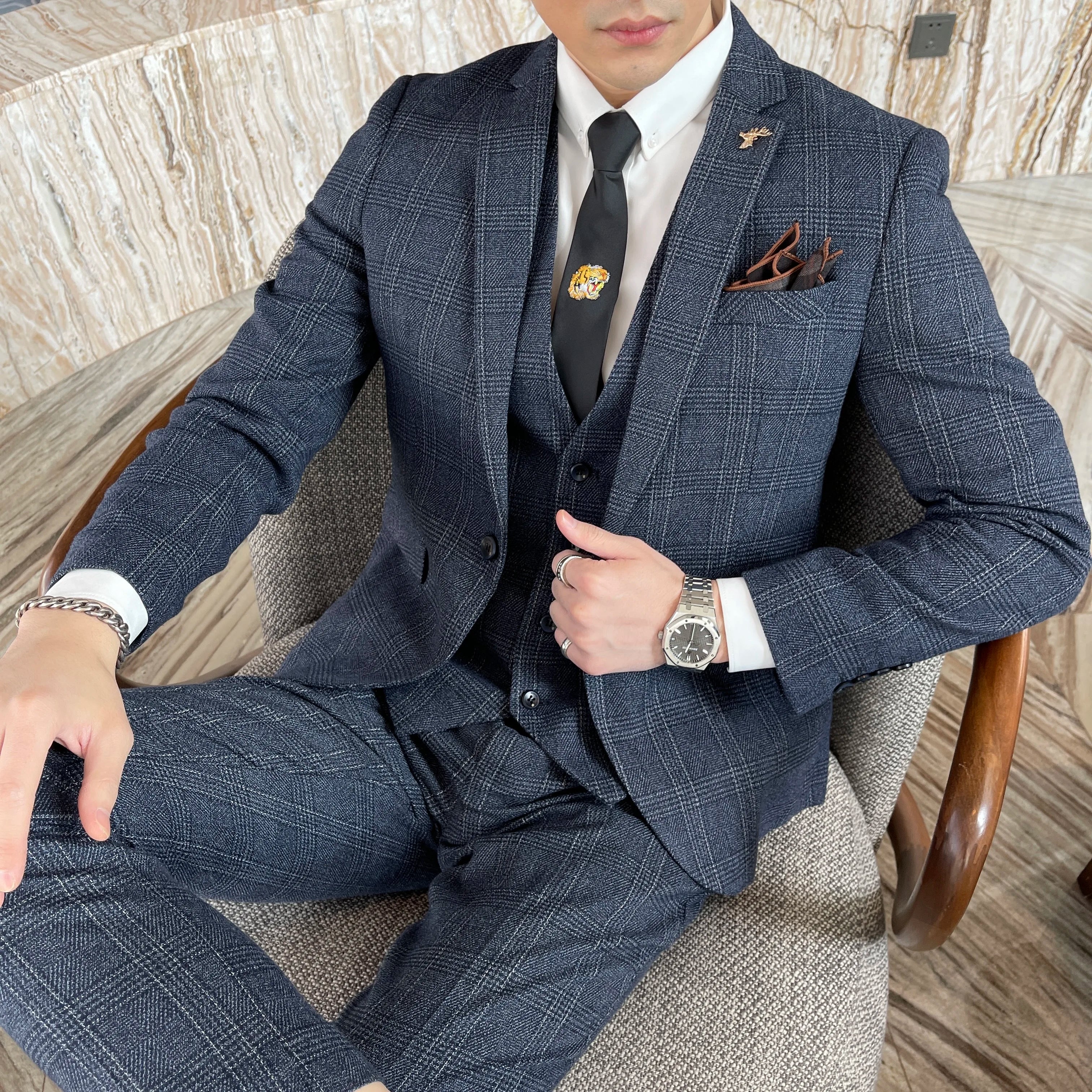 Men’s Korean Plaid 3-Piece Suit – Blazer, Vest & Trousers Set