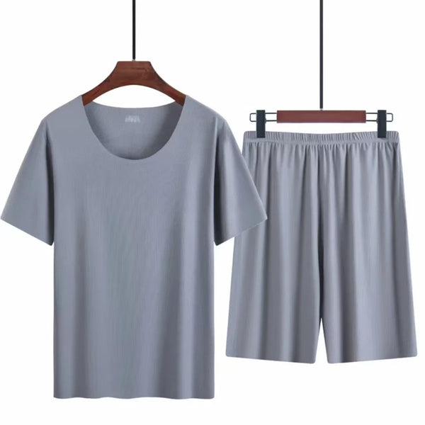 Men’s Ice Silk Pajama Set – Plus Size Short Sleeve Summer Loungewear