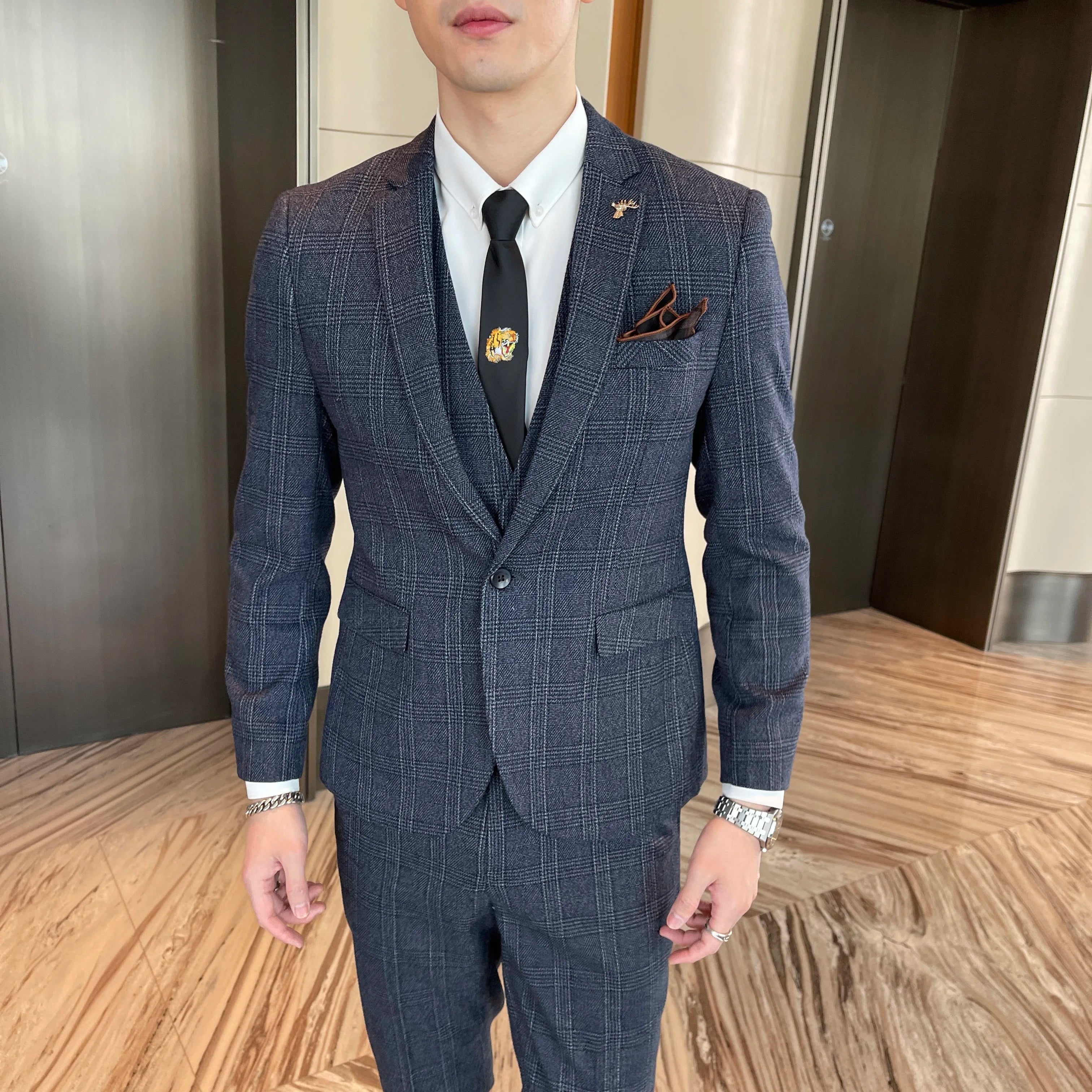 Men’s Korean Plaid 3-Piece Suit – Blazer, Vest & Trousers Set