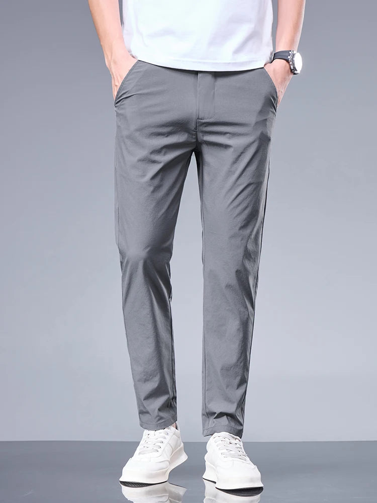 Men’s Ice Silk Summer Pants – Elastic Waist Straight Trousers