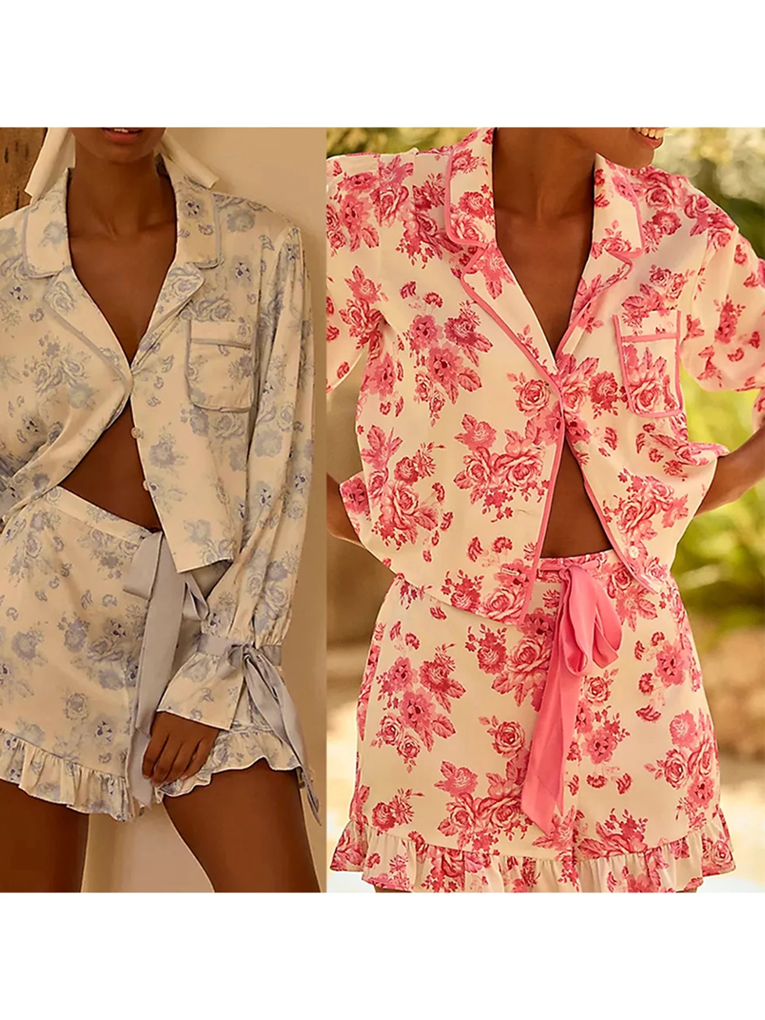 Women’s Floral Pajama Set – Long Sleeve Shirt & Shorts